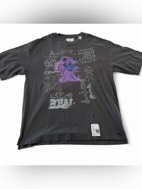 Miharayasuhiro Black Graphic Short Sleeve Tee with Purple Bear Print